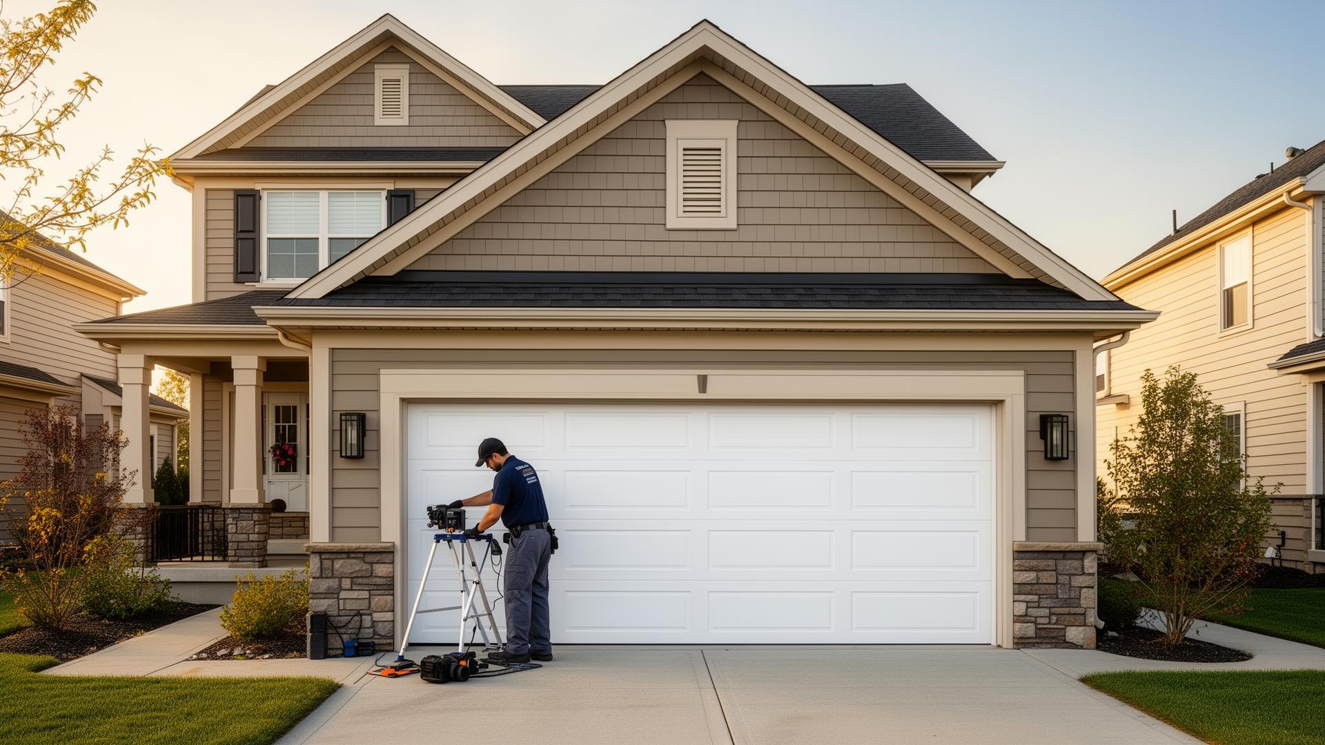 Professional garage door service technician performing maintenance on a residential garage door in Brandon, FL
